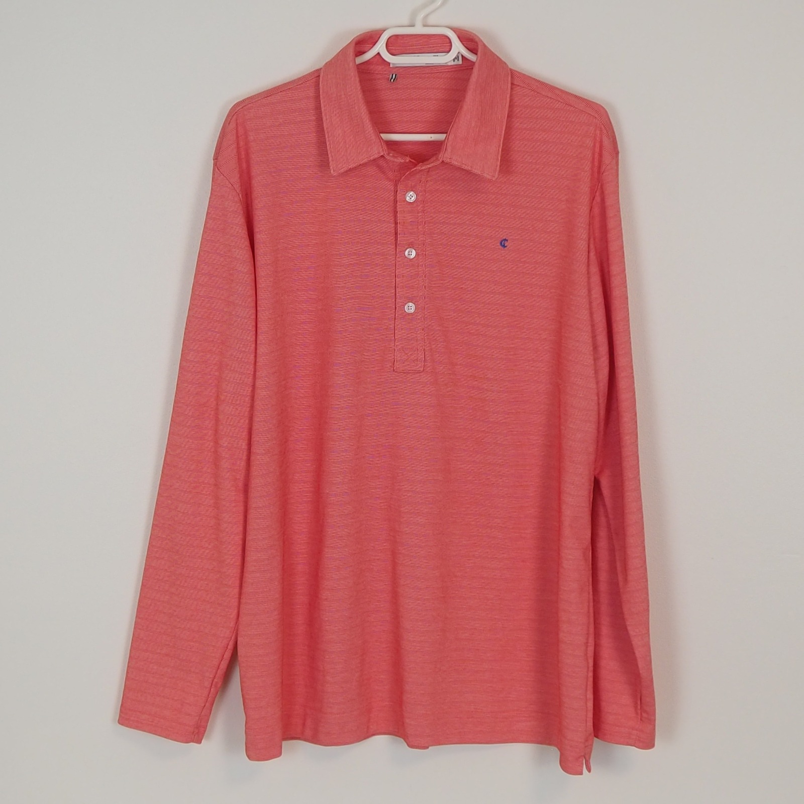 Criquet Performance Polo Shirt Mens Xl Coral Pink Long Sleeve Striped Golf Shirt